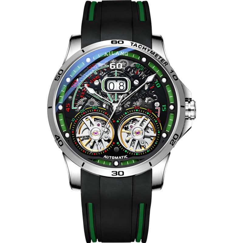 Double Flywheel Hollow Watch Automatic Mechanical Watch Calendar Men'S Watch Silver green
