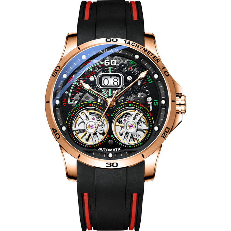 Double Flywheel Hollow Watch Automatic Mechanical Watch Calendar Men'S Watch Rose black