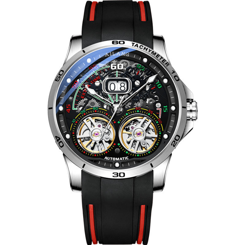 Double Flywheel Hollow Watch Automatic Mechanical Watch Calendar Men'S Watch Silver black