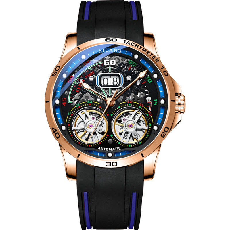 Double Flywheel Hollow Watch Automatic Mechanical Watch Calendar Men'S Watch Rose blue