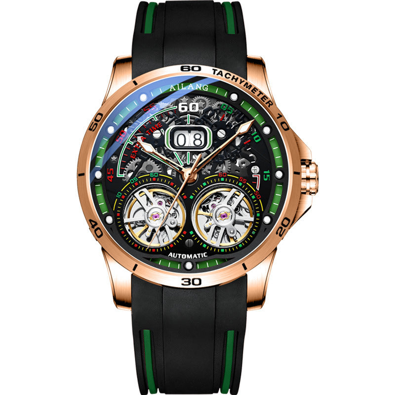 Double Flywheel Hollow Watch Automatic Mechanical Watch Calendar Men'S Watch Rose green