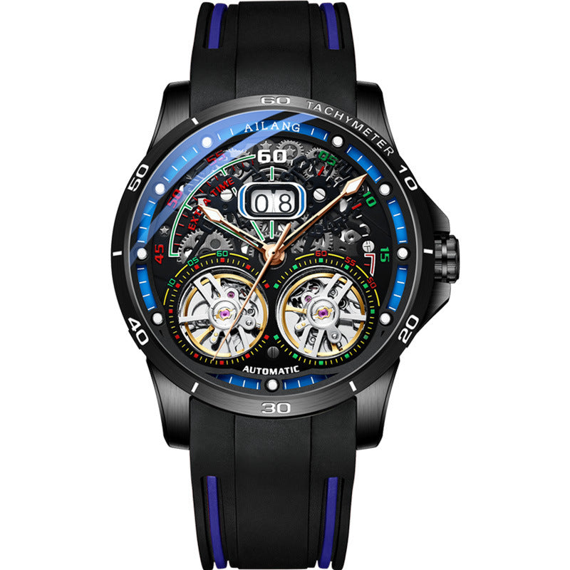 Double Flywheel Hollow Watch Automatic Mechanical Watch Calendar Men'S Watch Black blue