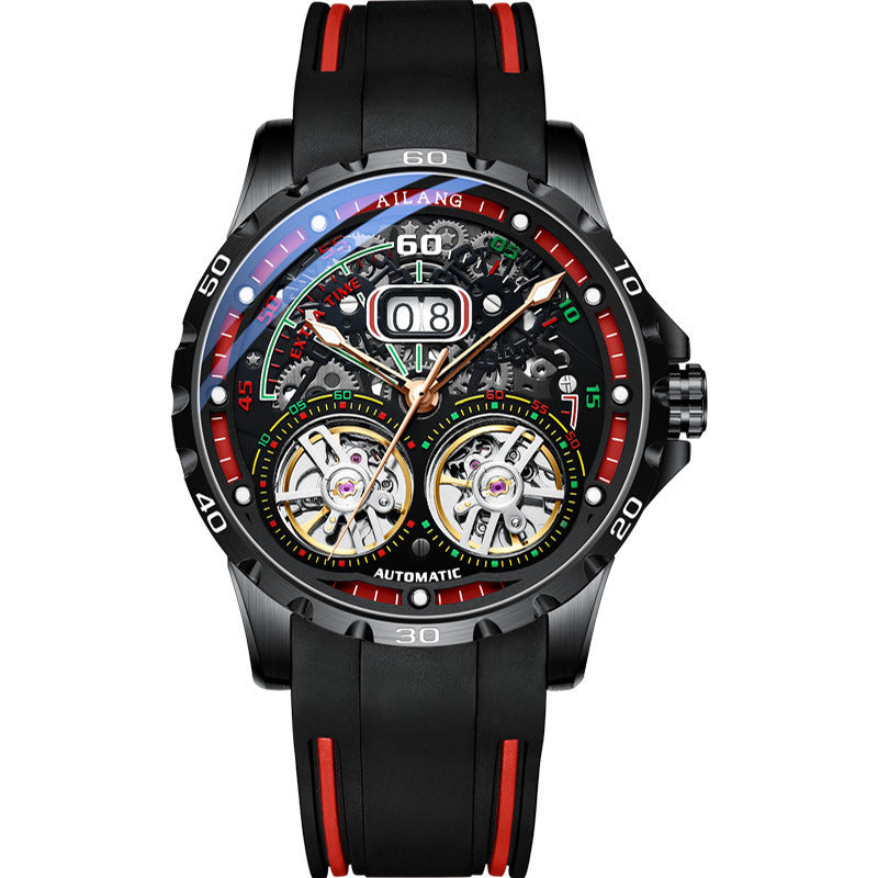 Double Flywheel Hollow Watch Automatic Mechanical Watch Calendar Men'S Watch Black red