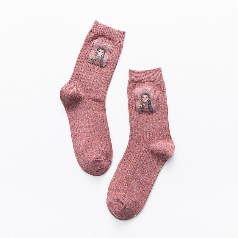 Little Girl Pattern Socks Women Pink One size