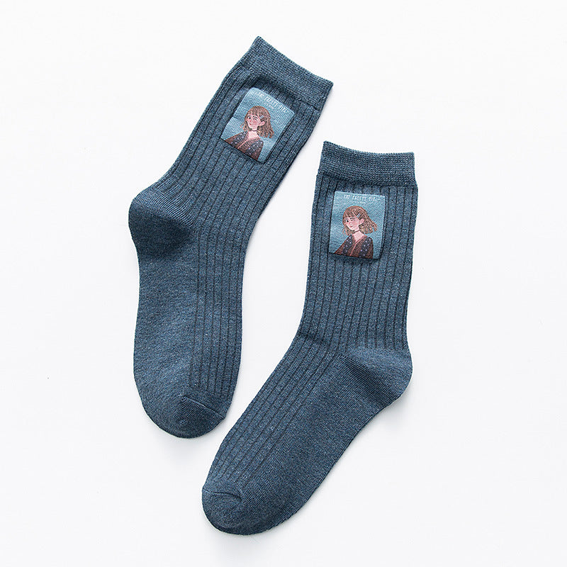 Little Girl Pattern Socks Women Blue One size