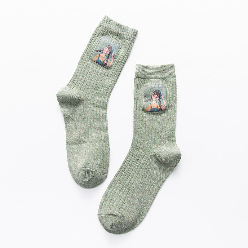 Little Girl Pattern Socks Women Green One size