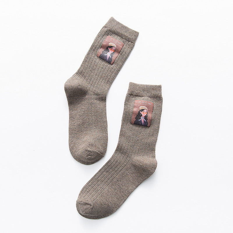 Little Girl Pattern Socks Women Khaki One size