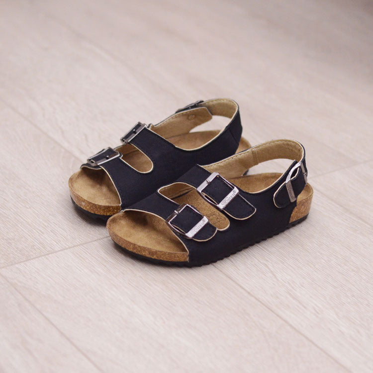Children Boys And Girls Cork Sandals One Word Shoes Flip Flops Beach Double Ring Black