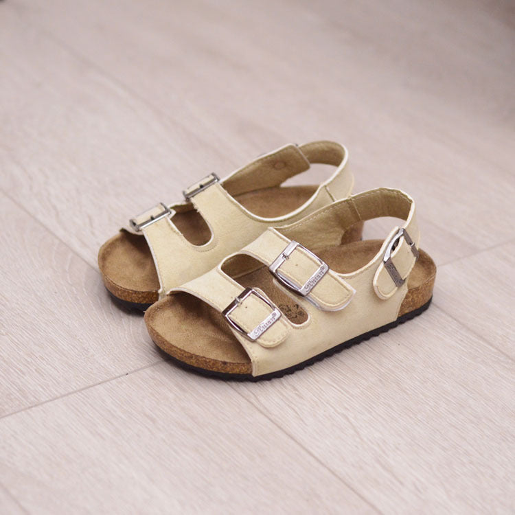 Children Boys And Girls Cork Sandals One Word Shoes Flip Flops Beach Double Ring Apricot