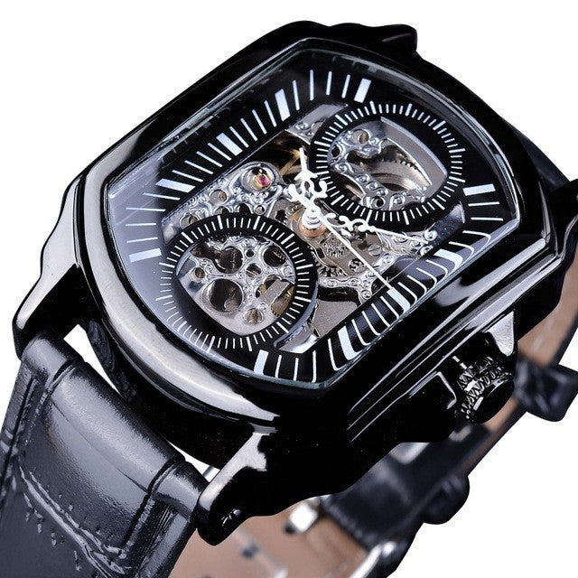 Men's Casual Watch Fashion Automatic Square Hollow Mechanical Watch Watch Black shell with black noodles