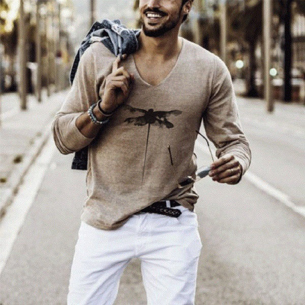 Elastic Mens T-Shirt V-Neck Long Sleeve Men T Shirt B