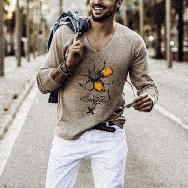 Elastic Mens T-Shirt V-Neck Long Sleeve Men T Shirt C