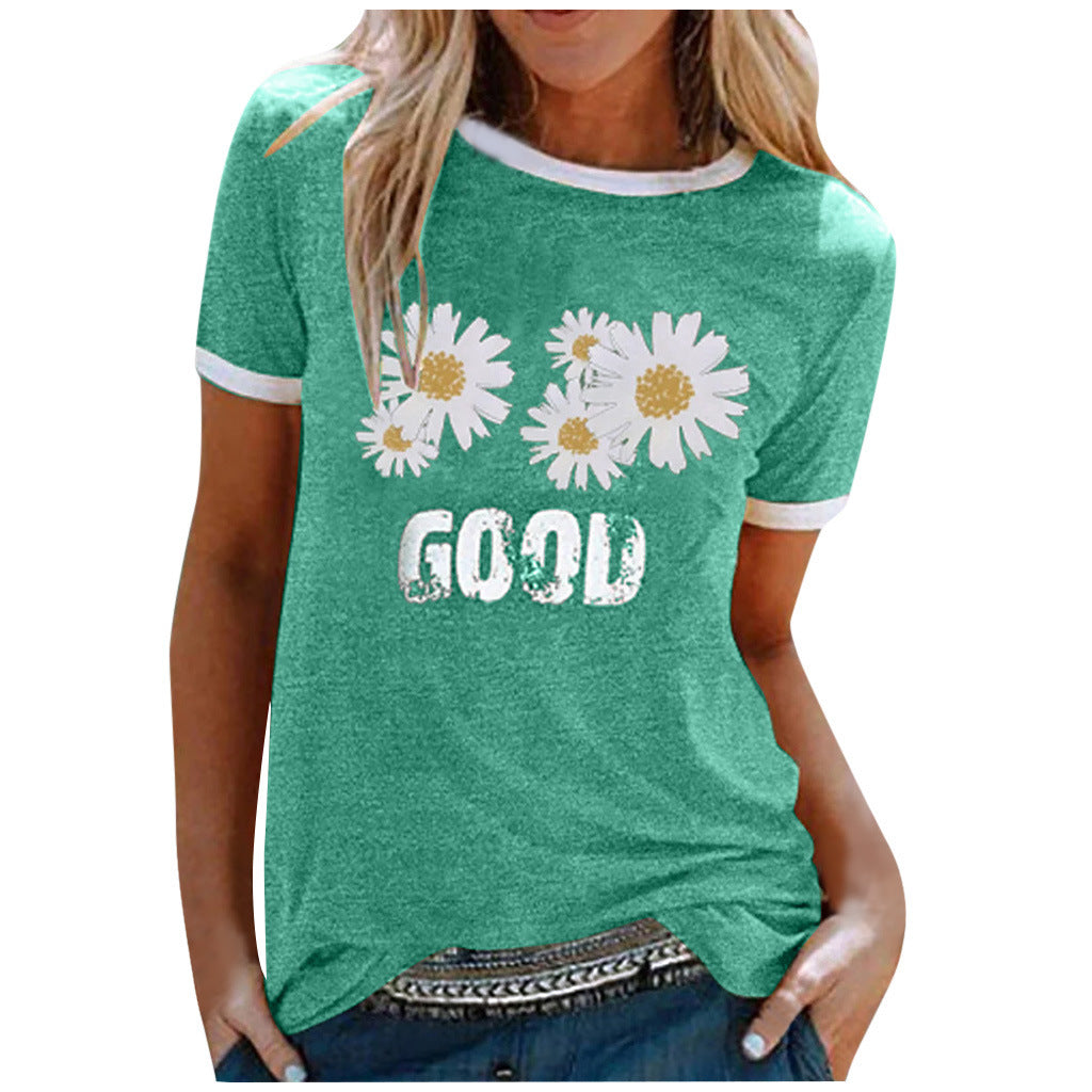 Ladies Short Sleeve Round Neck GOOD Daisy Print Top T-Shirt Green