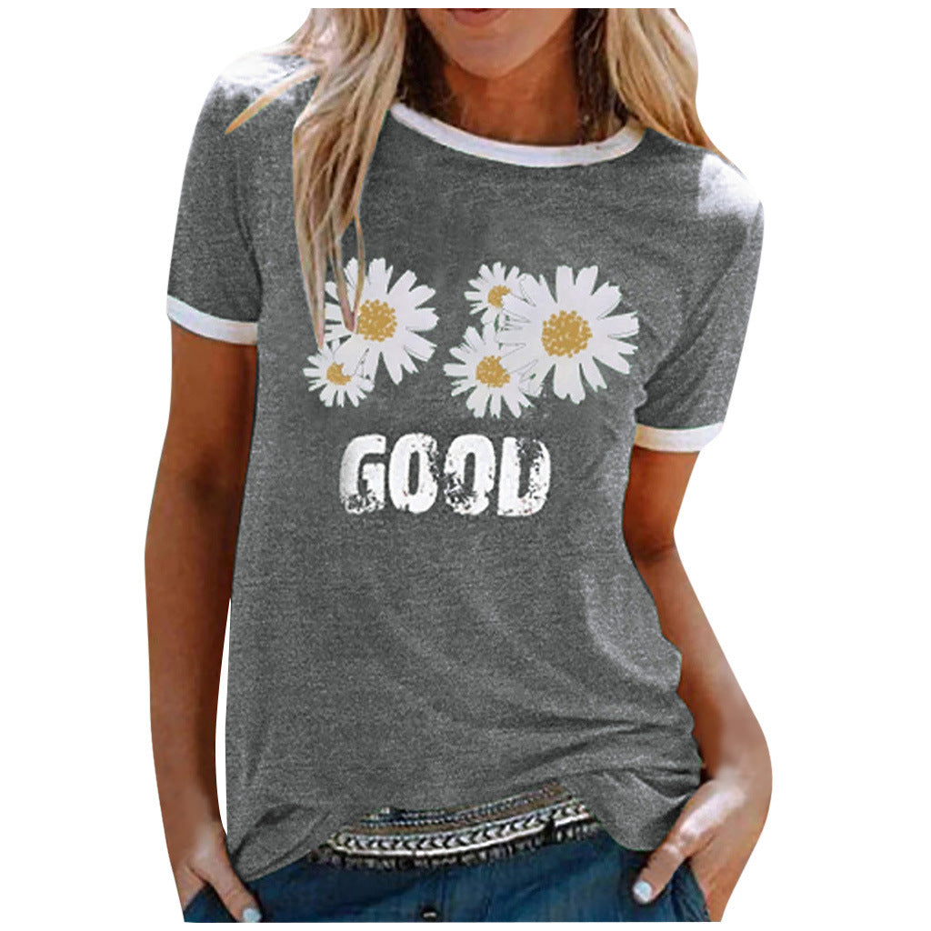 Ladies Short Sleeve Round Neck GOOD Daisy Print Top T-Shirt Grey