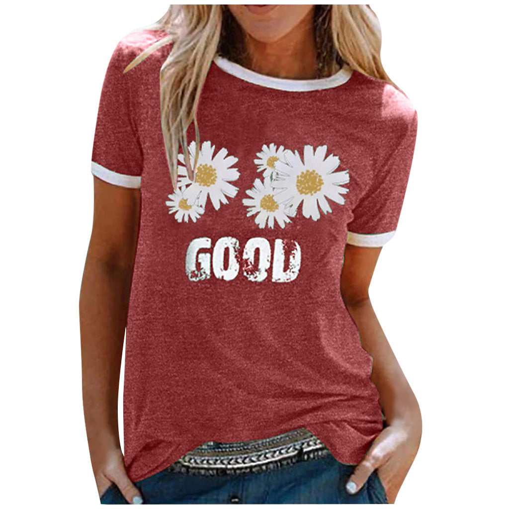 Ladies Short Sleeve Round Neck GOOD Daisy Print Top T-Shirt Red