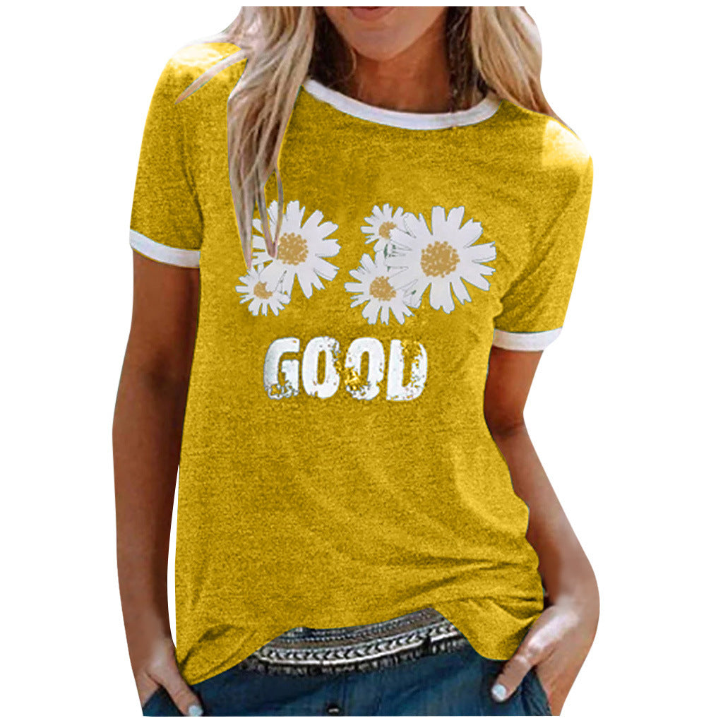 Ladies Short Sleeve Round Neck GOOD Daisy Print Top T-Shirt Yellow