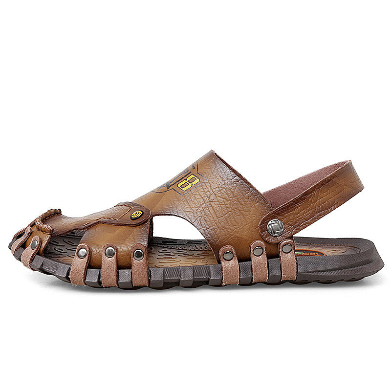 Baotou Sandals Men Casual Leather Sandals Men Khaki