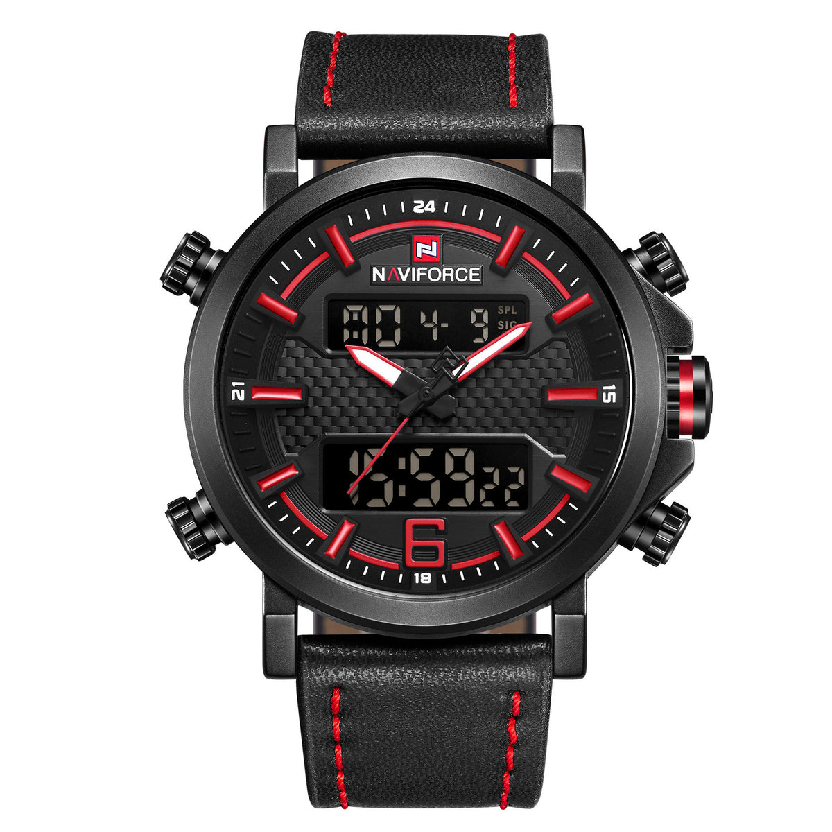 Naviforce Lingxiang 9135 Men'S Watch Quartz Electronic Watch Waterproof Belt Men'S Watch Sports Watch Black shell red