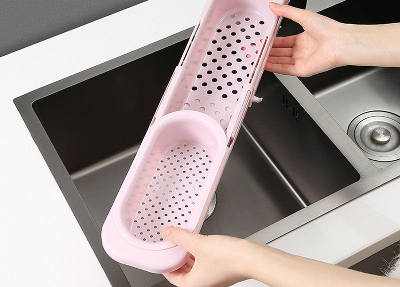 Telescopic Sink Rack Soap Sponge Holder Kitchen Sinks Organizer Adjustable Sinks Drainer Rack Storage Basket Kitchen Accessories Frosted Pink