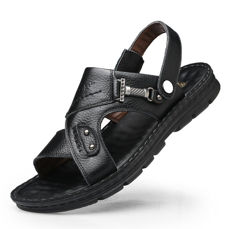 Large Size Sandals Men'S Leather Breathable Soft Leather Soft Sole Thick Bottom 37 Yards 45 Yards 46 Yards 47 Yards Beach Shoes Men Black