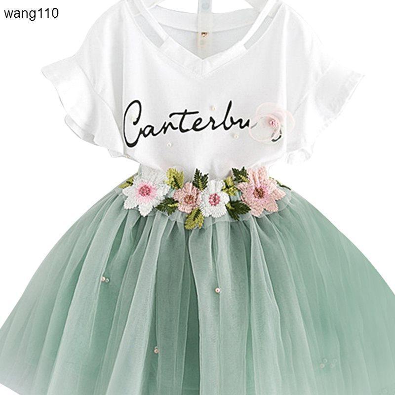 Summer Kids Girls Clothing Sets 2 pcs T-shirt Hole Pants Set Green