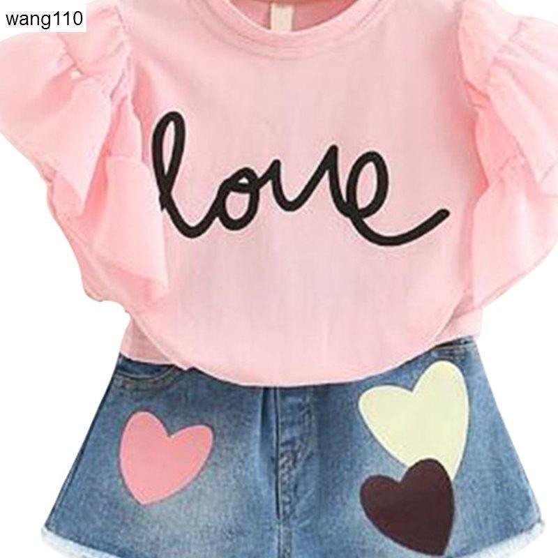 Summer Kids Girls Clothing Sets 2 pcs T-shirt Hole Pants Set Jeans