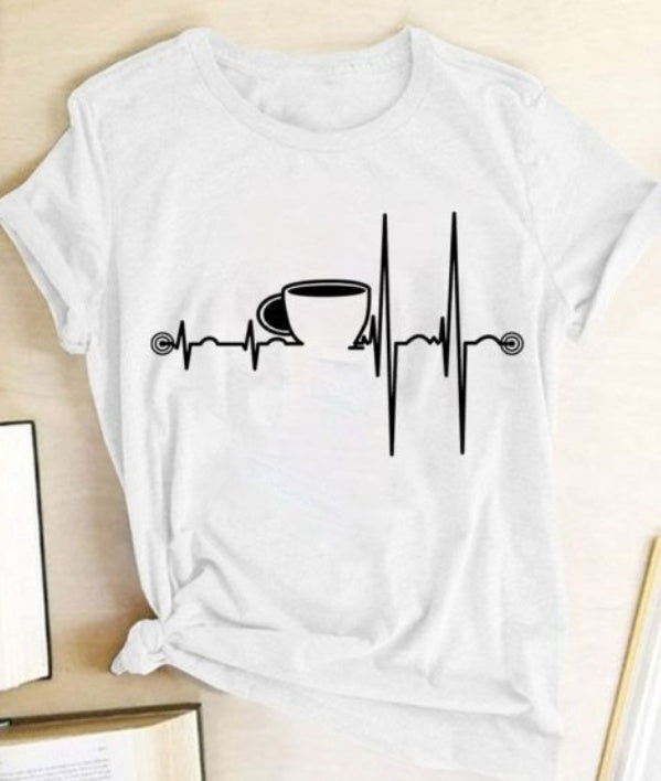 T-Shirt Ladies Cup Print Short Sleeve White