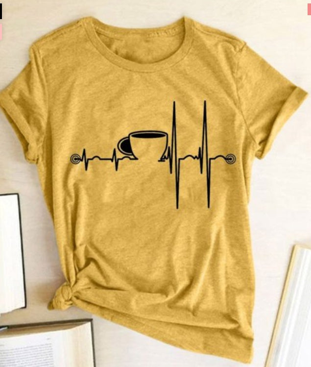 T-Shirt Ladies Cup Print Short Sleeve Yellow
