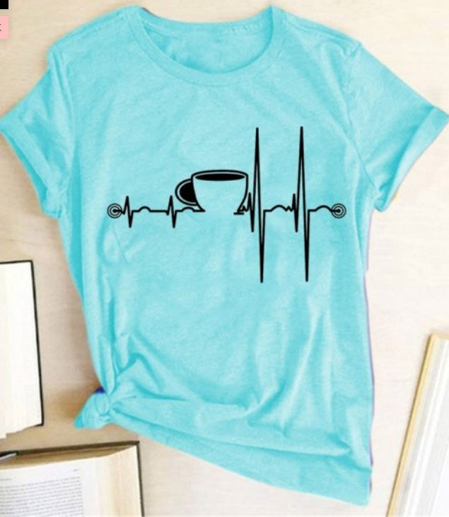 T-Shirt Ladies Cup Print Short Sleeve Royal Blue