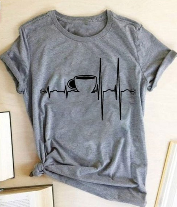 T-Shirt Ladies Cup Print Short Sleeve Grey