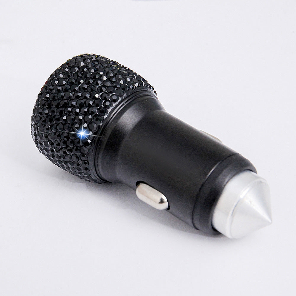 Diamond-Studded Car Mobile Phone Safety Hammer Charger Black