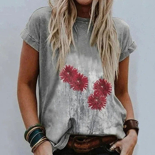 Landscape Print Round Neck Short Sleeve Ladies Casual Grey