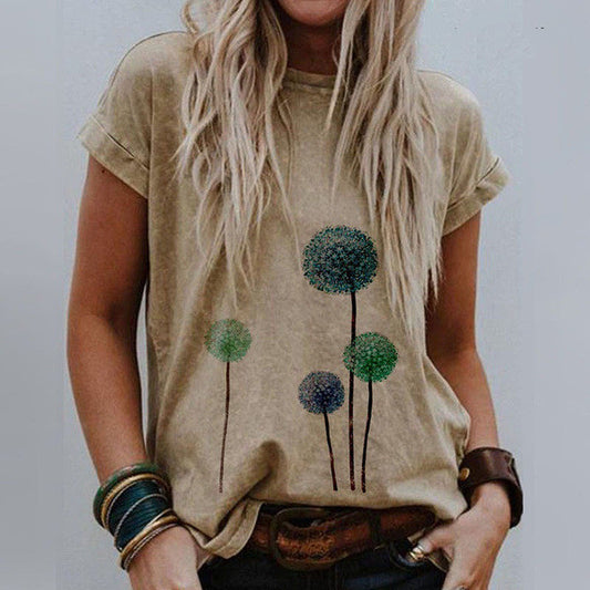 Landscape Print Round Neck Short Sleeve Ladies Casual