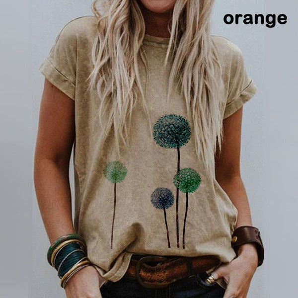Landscape Print Round Neck Short Sleeve Ladies Casual
