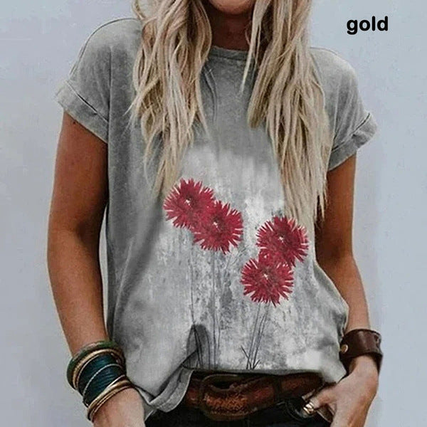 Landscape Print Round Neck Short Sleeve Ladies Casual