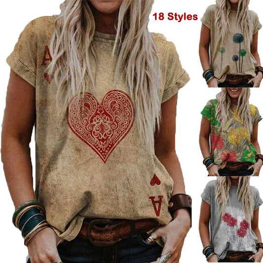 Landscape Print Round Neck Short Sleeve Ladies Casual