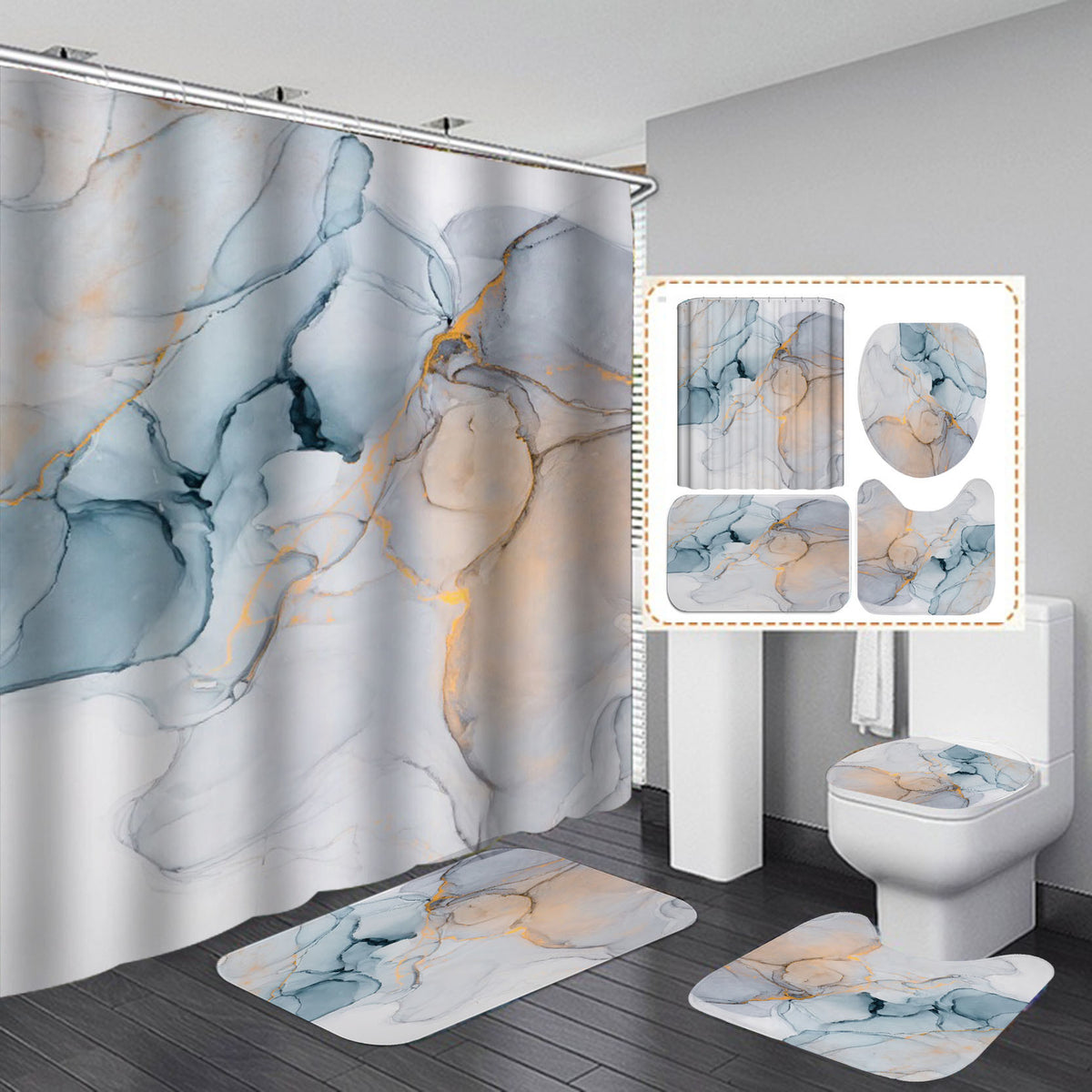Beautiful Modern Shower Curtains 3D Bathroom Curtain Set Anti-slip Bath Mat Soft Carpet Water Absorption Rugs Home Decoration White Bath mat