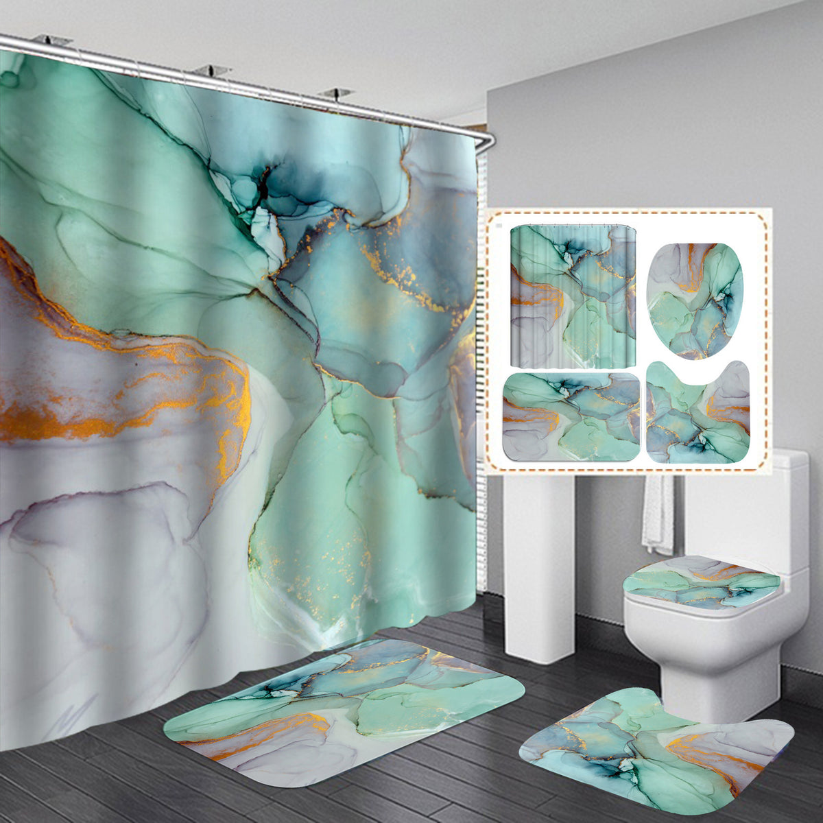 Beautiful Modern Shower Curtains 3D Bathroom Curtain Set Anti-slip Bath Mat Soft Carpet Water Absorption Rugs Home Decoration Green