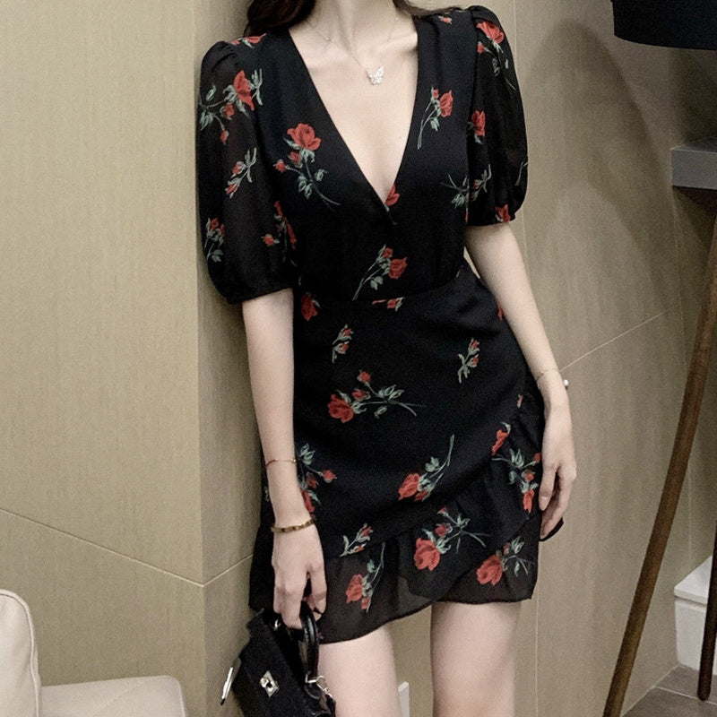 French Ruffled Floral Dress Women Black