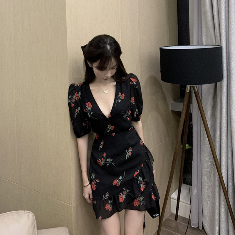 French Ruffled Floral Dress Women
