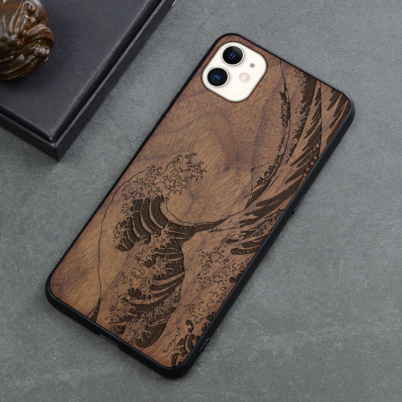 New Product Max Wooden Mobile Phone Case Retro Apple 12mini Anti-fall Protective Cover Creative Application Waves