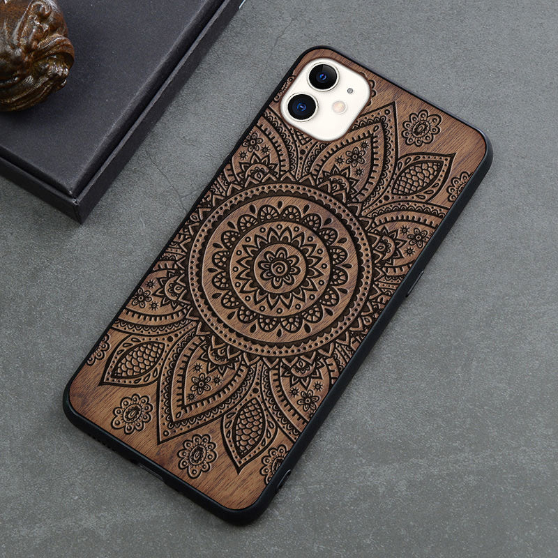 New Product Max Wooden Mobile Phone Case Retro Apple 12mini Anti-fall Protective Cover Creative Application Flower