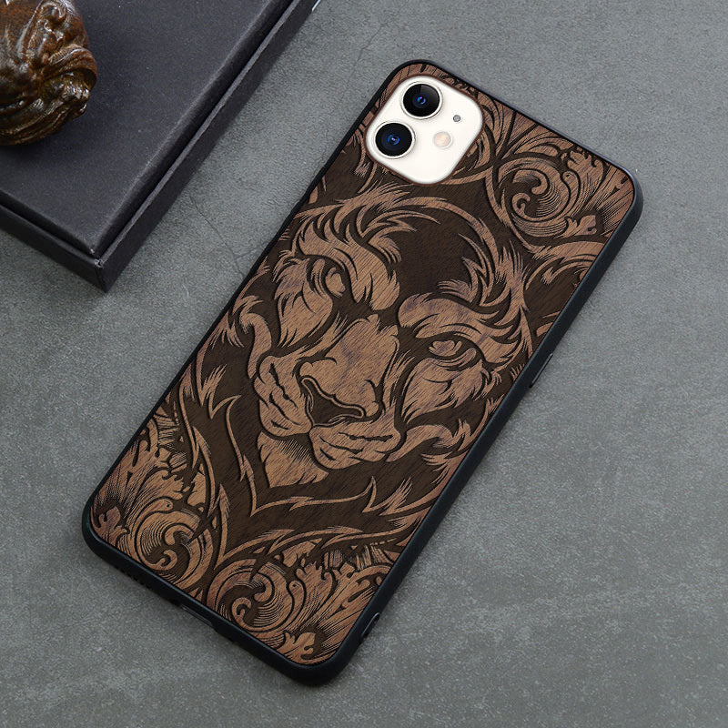 New Product Max Wooden Mobile Phone Case Retro Apple 12mini Anti-fall Protective Cover Creative Application Lion