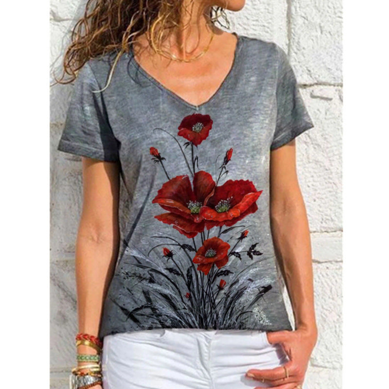 Fashion Ladies Simple V-neck Printed Short Sleeve Grey