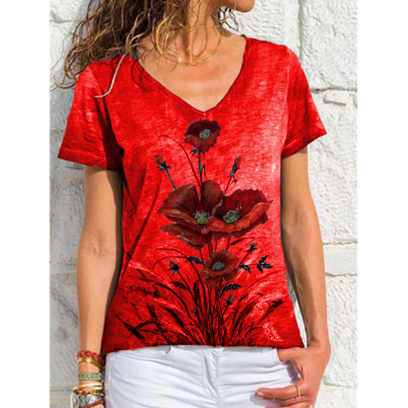 Fashion Ladies Simple V-neck Printed Short Sleeve Red
