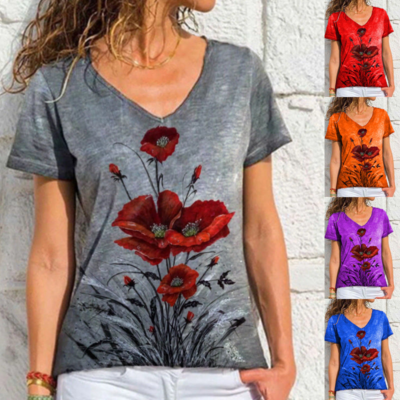 Fashion Ladies Simple V-neck Printed Short Sleeve