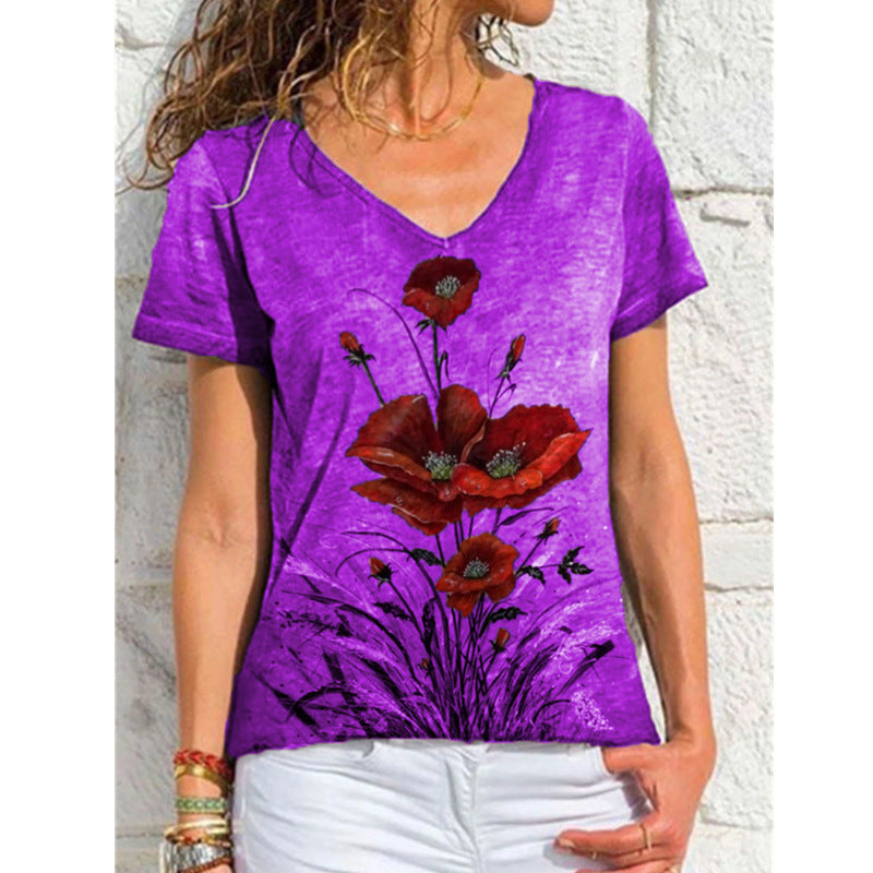 Fashion Ladies Simple V-neck Printed Short Sleeve Purple