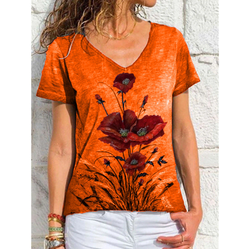Fashion Ladies Simple V-neck Printed Short Sleeve Orange