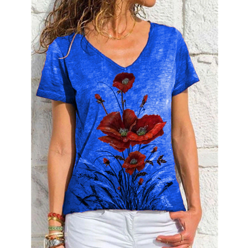 Fashion Ladies Simple V-neck Printed Short Sleeve Blue