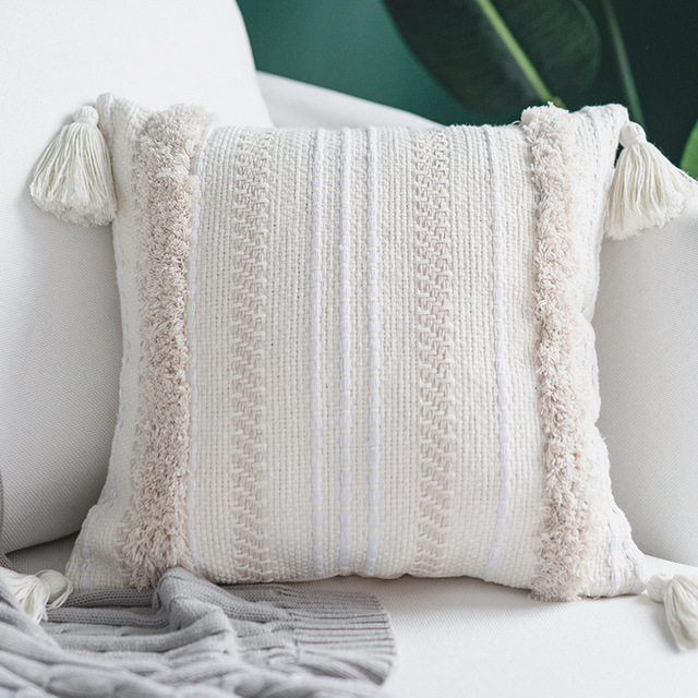 Cotton Woven Cushion Cover Tassel Pillow Case Morocco C 45x45cm